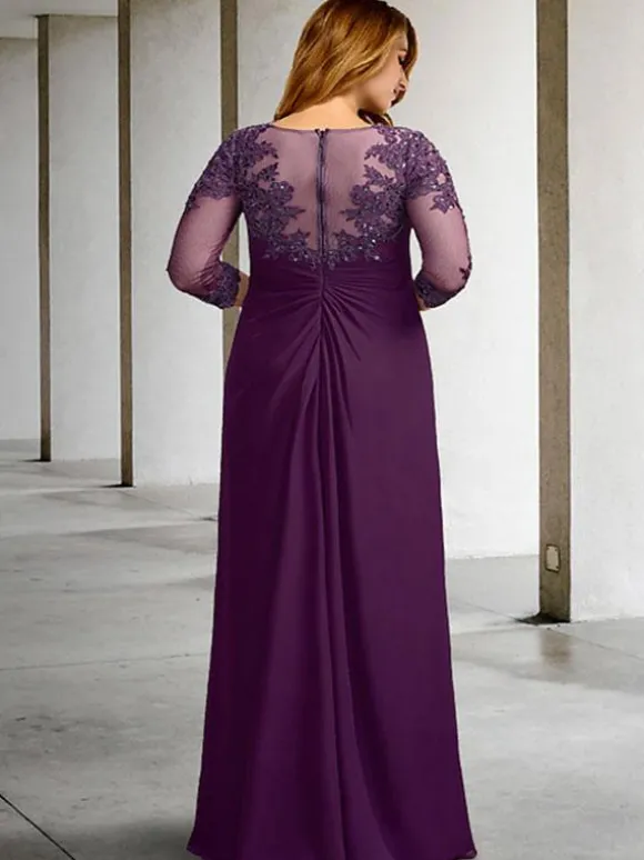 Robe de mère de mariée Robe de mariage d'invitée prune en chiffon col rond 3/4 manches transparente zip sur dos