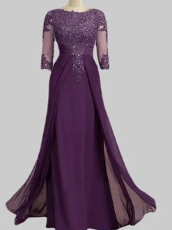 Robe de mère de mariée Robe de mariage d'invitée prune en chiffon col rond 3/4 manches transparente zip sur dos