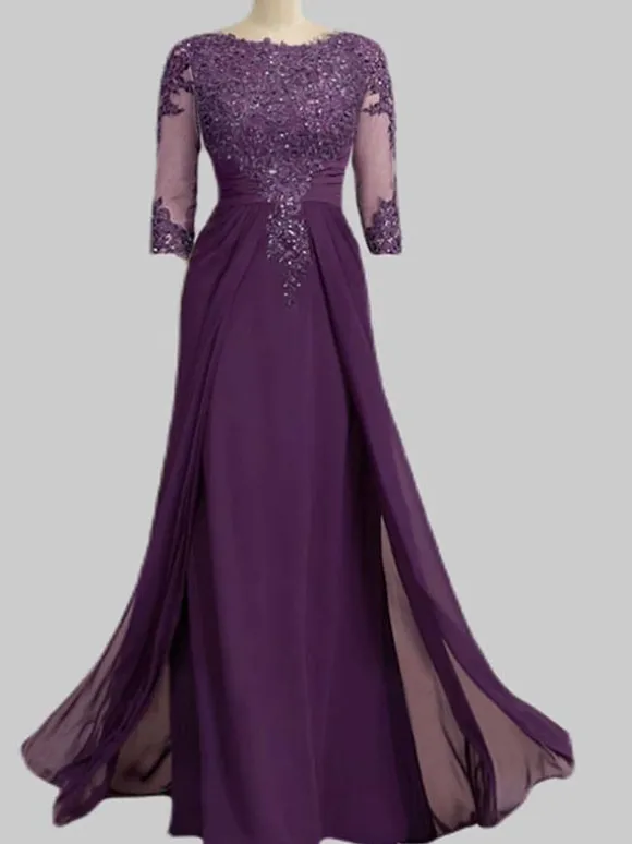 Robe de mère de mariée Robe de mariage d'invitée prune en chiffon col rond 3/4 manches transparente zip sur dos