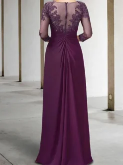 Robe de mère de mariée Robe de mariage d'invitée prune en chiffon col rond 3/4 manches transparente zip sur dos