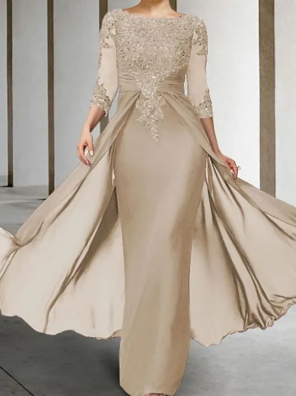 Robe de mère de mariée Robe de mariage d'invitée prune en chiffon col rond 3/4 manches transparente zip sur dos