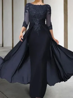 Robe de mère de mariée Robe de mariage d'invitée prune en chiffon col rond 3/4 manches transparente zip sur dos