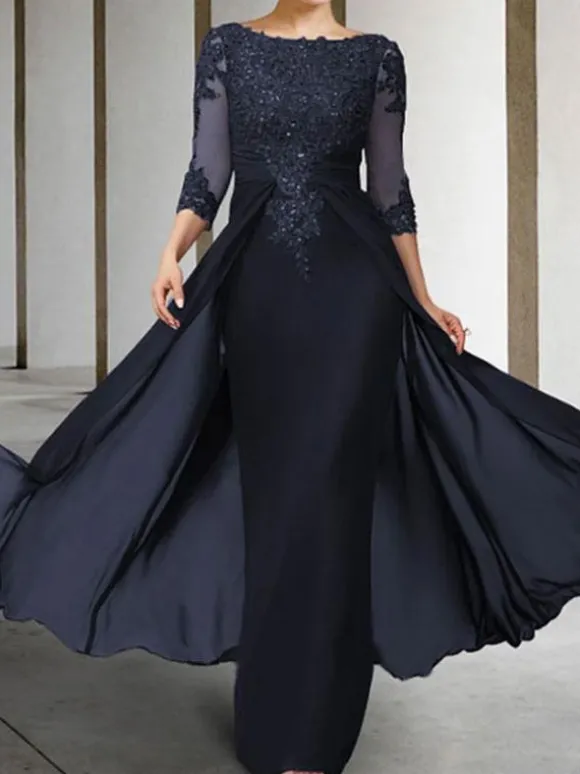 Robe de mère de mariée Robe de mariage d'invitée prune en chiffon col rond 3/4 manches transparente zip sur dos