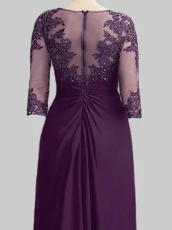 Robe de mère de mariée Robe de mariage d'invitée prune en chiffon col rond 3/4 manches transparente zip sur dos