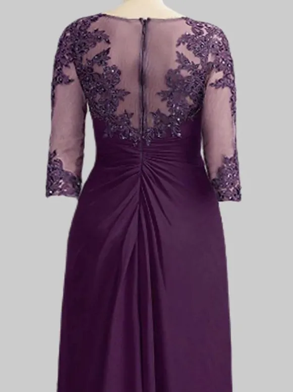 Robe de mère de mariée Robe de mariage d'invitée prune en chiffon col rond 3/4 manches transparente zip sur dos