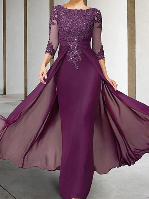 Robe de mère de mariée Robe de mariage d'invitée prune en chiffon col rond 3/4 manches transparente zip sur dos