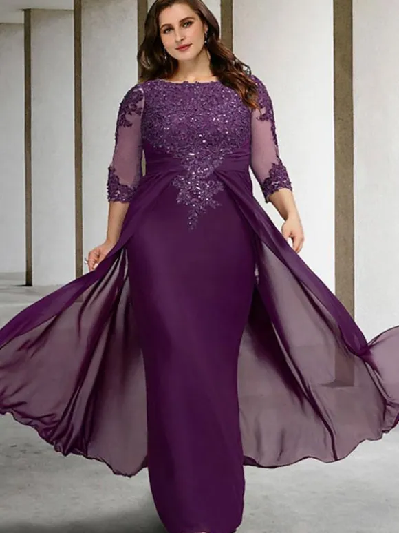 Robe de mère de mariée Robe de mariage d'invitée prune en chiffon col rond 3/4 manches transparente zip sur dos