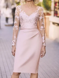 Robe de mère de mariée robe d'invitée pale rose col V manche courte boutonnées sur dos Robe cérémonie