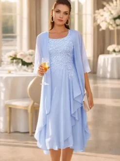 Robe de mère deux pièces col rond manches 3/4 robes d'invitée deux pièces en dentelle pour mariage