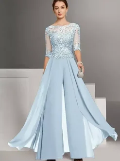 Robe de mère en dentelle mousseline encolure travaillée combinaison manches courtes robes d'invitée de mariage en dentelle