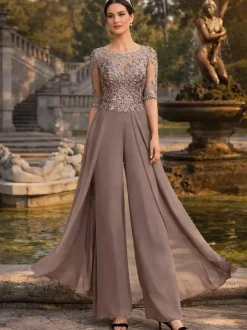 Robe de mère en dentelle mousseline encolure travaillée combinaison manches courtes robes d'invitée de mariage en dentelle