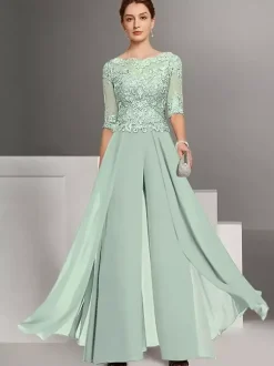 Robe de mère en dentelle mousseline encolure travaillée combinaison manches courtes robes d'invitée de mariage en dentelle