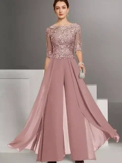 Robe de mère en dentelle mousseline encolure travaillée combinaison manches courtes robes d'invitée de mariage en dentelle