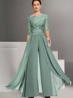 Robe de mère en dentelle mousseline encolure travaillée combinaison manches courtes robes d'invitée de mariage en dentelle