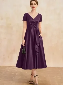Robe de mère plissée col en v manches courtes ligne a robes d'invitées pour mariage
