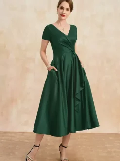 Robe de mère plissée col en v manches courtes ligne a robes d'invitées pour mariage