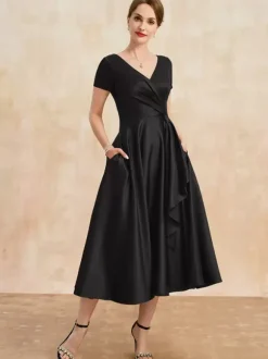 Robe de mère plissée col en v manches courtes ligne a robes d'invitées pour mariage