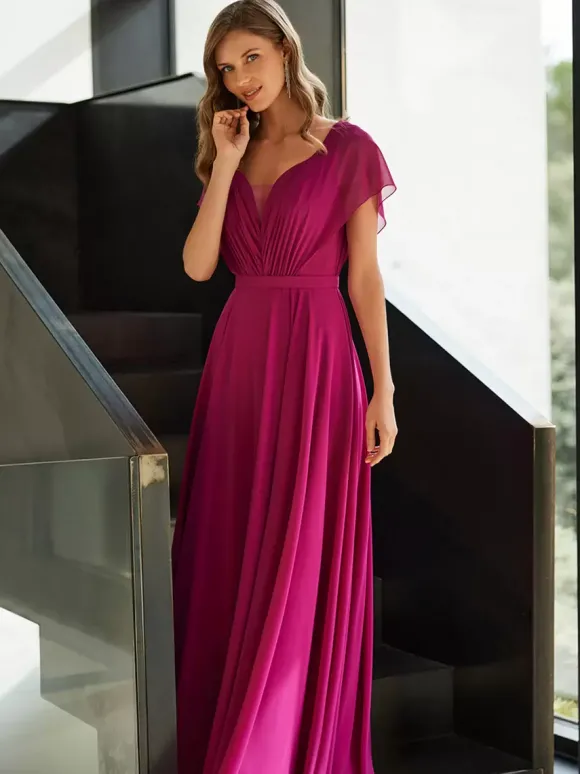 Robe de mère plissée col en v manches courtes ligne a robes d'invitées pour mariage