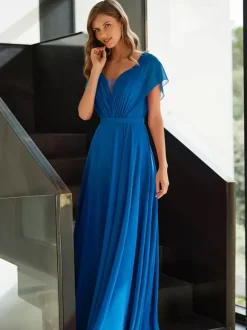 Robe de mère plissée col en v manches courtes ligne a robes d'invitées pour mariage