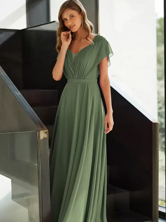 Robe de mère plissée col en v manches courtes ligne a robes d'invitées pour mariage