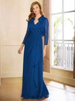 Robe de mère plissée col en v sans manches ligne a longueur au sol robes d'invitées pour mariage