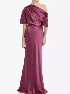 Robe de mère une épaule  manches courtes  sirène plissée  longueur au sol  robes d'invitées de mariage