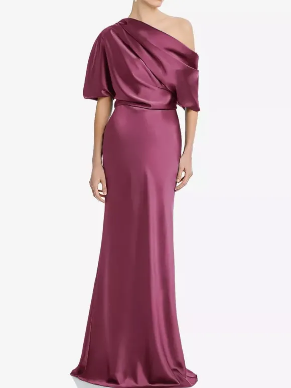 Robe de mère une épaule manches courtes sirène plissée longueur au sol robes d'invitées de mariage