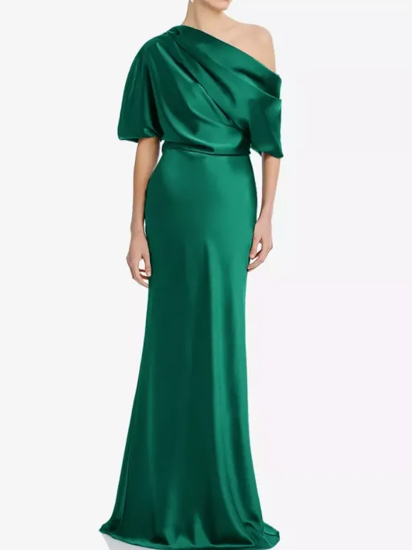 Robe de mère une épaule manches courtes sirène plissée longueur au sol robes d'invitées de mariage