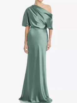 Robe de mère une épaule manches courtes sirène plissée longueur au sol robes d'invitées de mariage