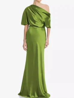 Robe de mère une épaule manches courtes sirène plissée longueur au sol robes d'invitées de mariage