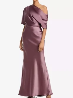 Robe de mère une épaule manches courtes sirène plissée longueur au sol robes d'invitées de mariage