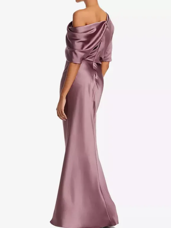 Robe de mère une épaule manches courtes sirène plissée longueur au sol robes d'invitées de mariage