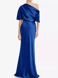 Robe de mère une épaule manches courtes sirène plissée longueur au sol robes d'invitées de mariage