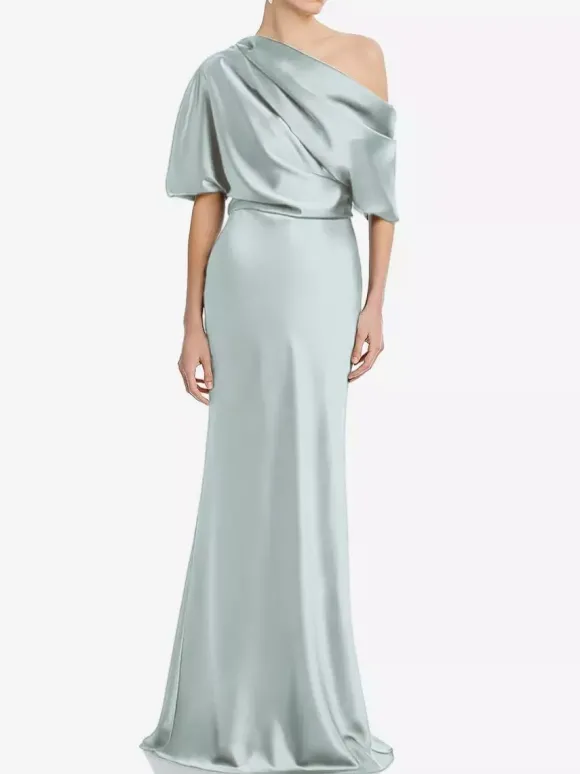 Robe de mère une épaule manches courtes sirène plissée longueur au sol robes d'invitées de mariage