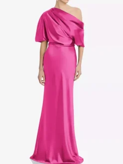 Robe de mère une épaule manches courtes sirène plissée longueur au sol robes d'invitées de mariage