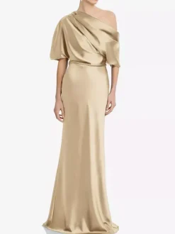 Robe de mère une épaule manches courtes sirène plissée longueur au sol robes d'invitées de mariage