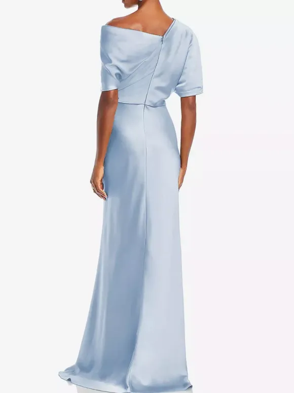 Robe de mère une épaule manches courtes sirène plissée longueur au sol robes d'invitées de mariage
