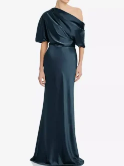 Robe de mère une épaule manches courtes sirène plissée longueur au sol robes d'invitées de mariage