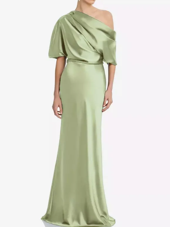 Robe de mère une épaule manches courtes sirène plissée longueur au sol robes d'invitées de mariage
