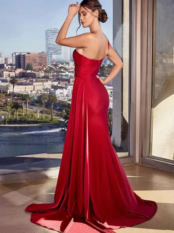 Robe de mère une épaule sans manches sirène plissée robes d'invité de mariage