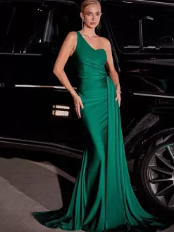 Robe de mère une épaule sans manches sirène plissée robes d'invité de mariage