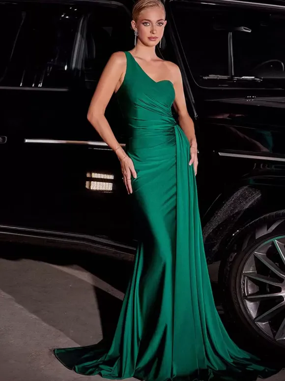 Robe de mère une épaule sans manches sirène plissée robes d'invité de mariage