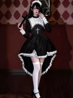 Robe de nonne Gothic Lolita à ourlet asymétrique avec accessoires de coiffe