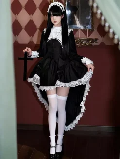Robe de nonne Gothic Lolita à ourlet asymétrique avec accessoires de coiffe