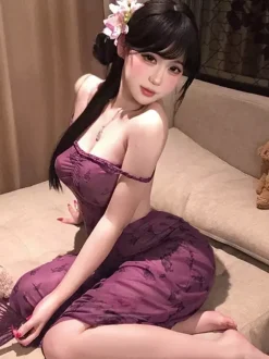 Robe de nuit longue violette en résille à fleurs fente haute lingerie transparente dos nu