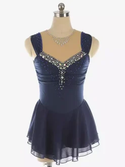 Robe de patinage artistique bleu clair à encolure perlée en polyester pour femmes et filles.