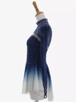 Robe de patinage artistique bleu foncé ombré à manches longues en résille strassée tenue de compétition pour filles et femmes