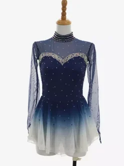 Robe de patinage artistique bleu foncé ombré à manches longues en résille strassée tenue de compétition pour filles et femmes