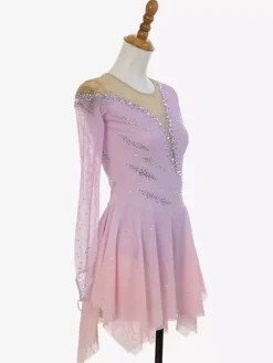 Robe de patinage artistique rose pailletée à strass manches longues costume de patinage pour tous les âges