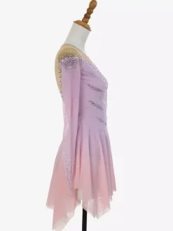 Robe de patinage artistique rose pailletée à strass manches longues costume de patinage pour tous les âges